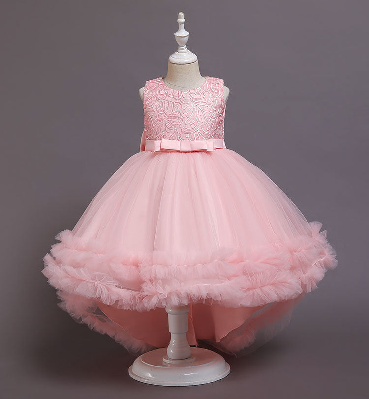 Lace Princess Dress with Train Pompom Skirt