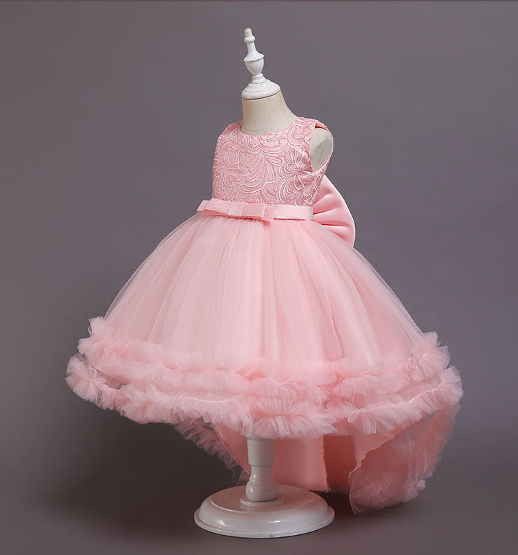 Lace Princess Dress with Train Pompom Skirt