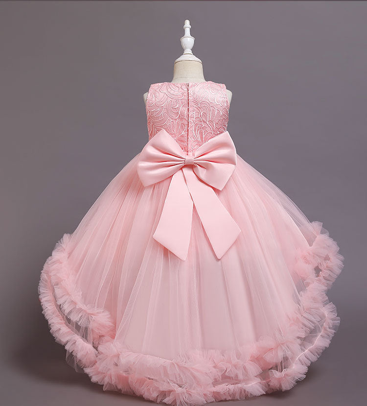 Lace Princess Dress with Train Pompom Skirt