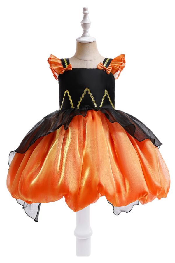 Halloween Pumpkin Fairy Cosplay Performance Outfit with Puff Sleeves Kids’ Princess Dress