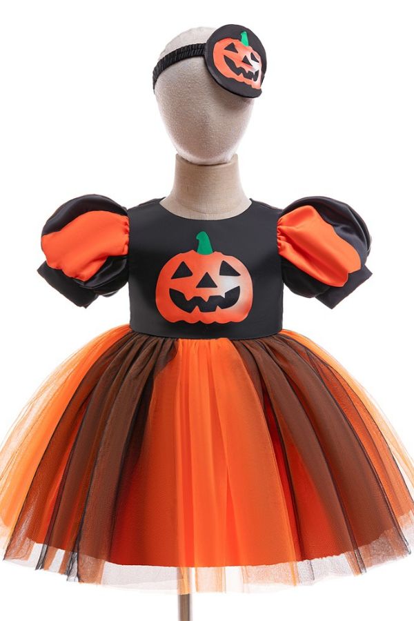 Halloween Performance Dress Puff Sleeve Ghost Pumpkin Black-Orange Mesh Skirt Party Gown