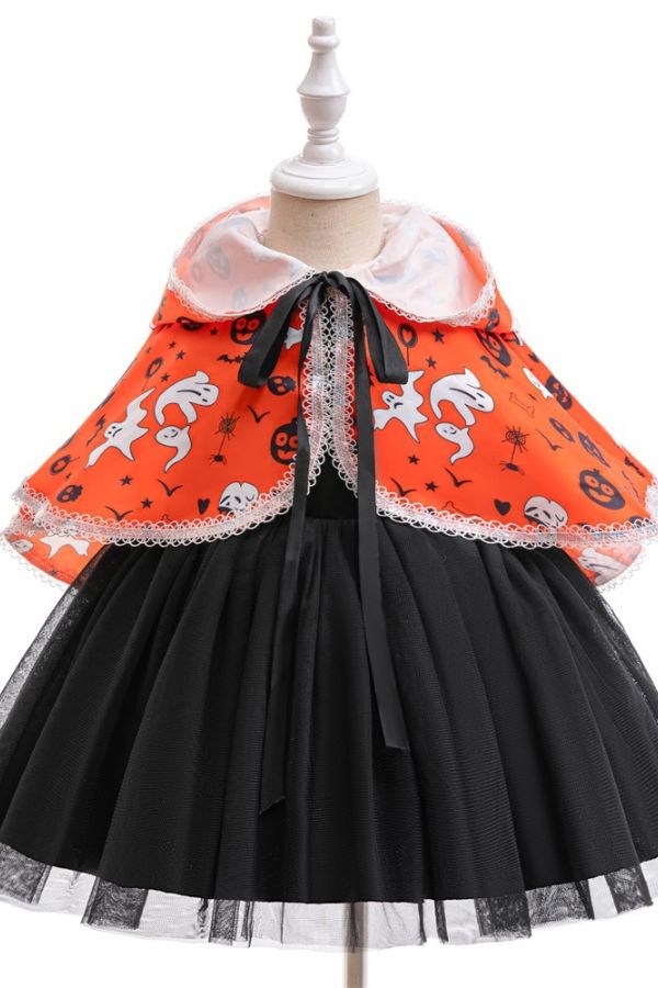 Halloween Witch Print Cape Vest Mesh Dress Set Performance Outfit