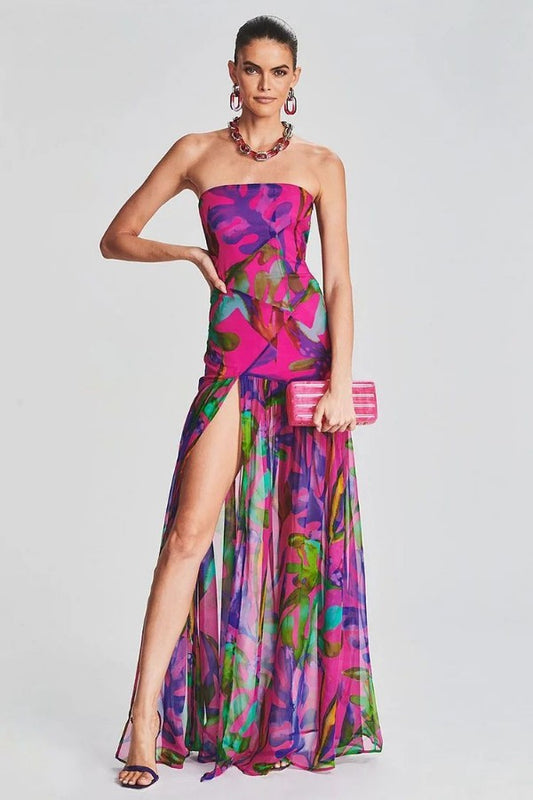 Sexy Backless Strapless Long Dress with Colorful Print