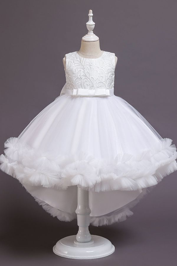 Lace Princess Dress with Train Pompom Skirt