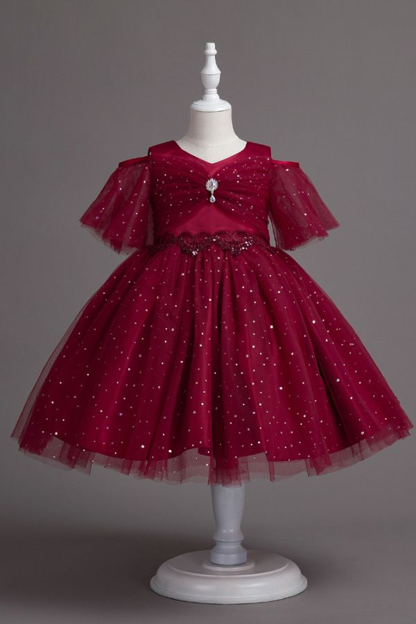 Half Sleeve Princess Pompom Skirt Dress