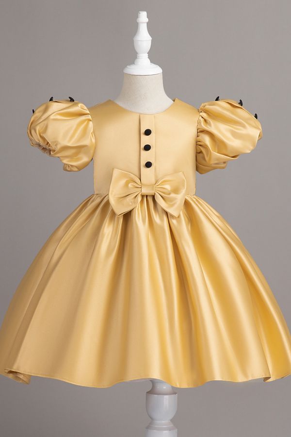 Puff Sleeve Bow Satin Princess Dress