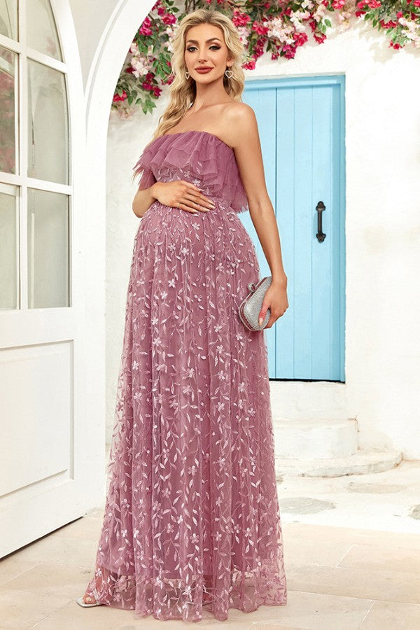 Maternity Dress Sleeveless Off-Shoulder Multi-Layer A-Line Gown