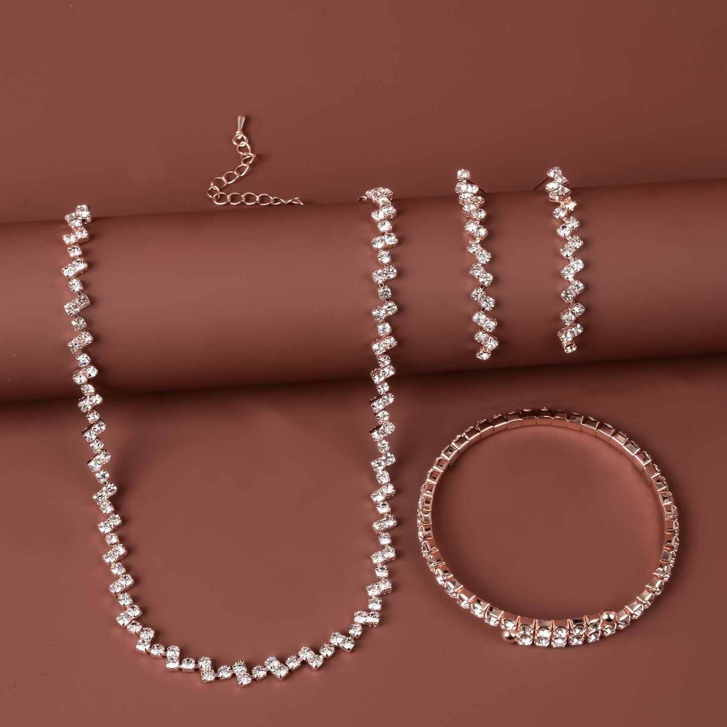 Minimalist Rhinestone Necklace Bracelet Earrings Set