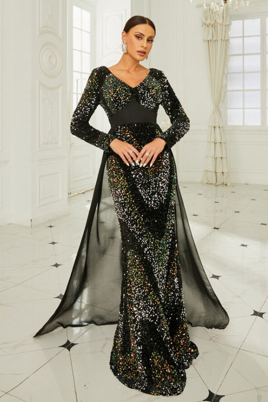 Long Sleeve Elegant V-Neck Sexy Sequined Evening Dress