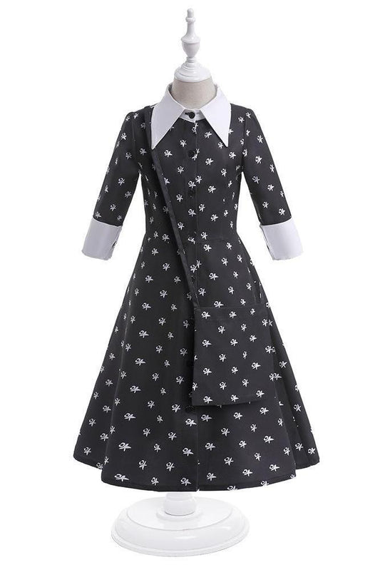 Black Printed Children's Dress with Backpack