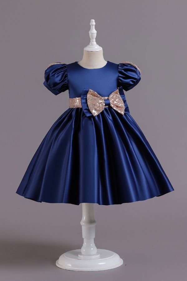 Puff Sleeve Bow Satin Princess Dress