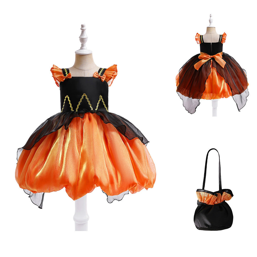 Halloween Pumpkin Fairy Cosplay Performance Outfit with Puff Sleeves Kids’ Princess Dress