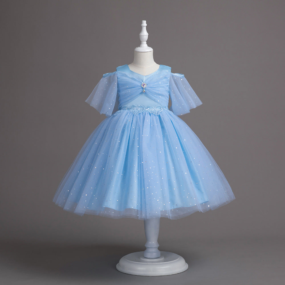 Half Sleeve Princess Pompom Skirt Dress