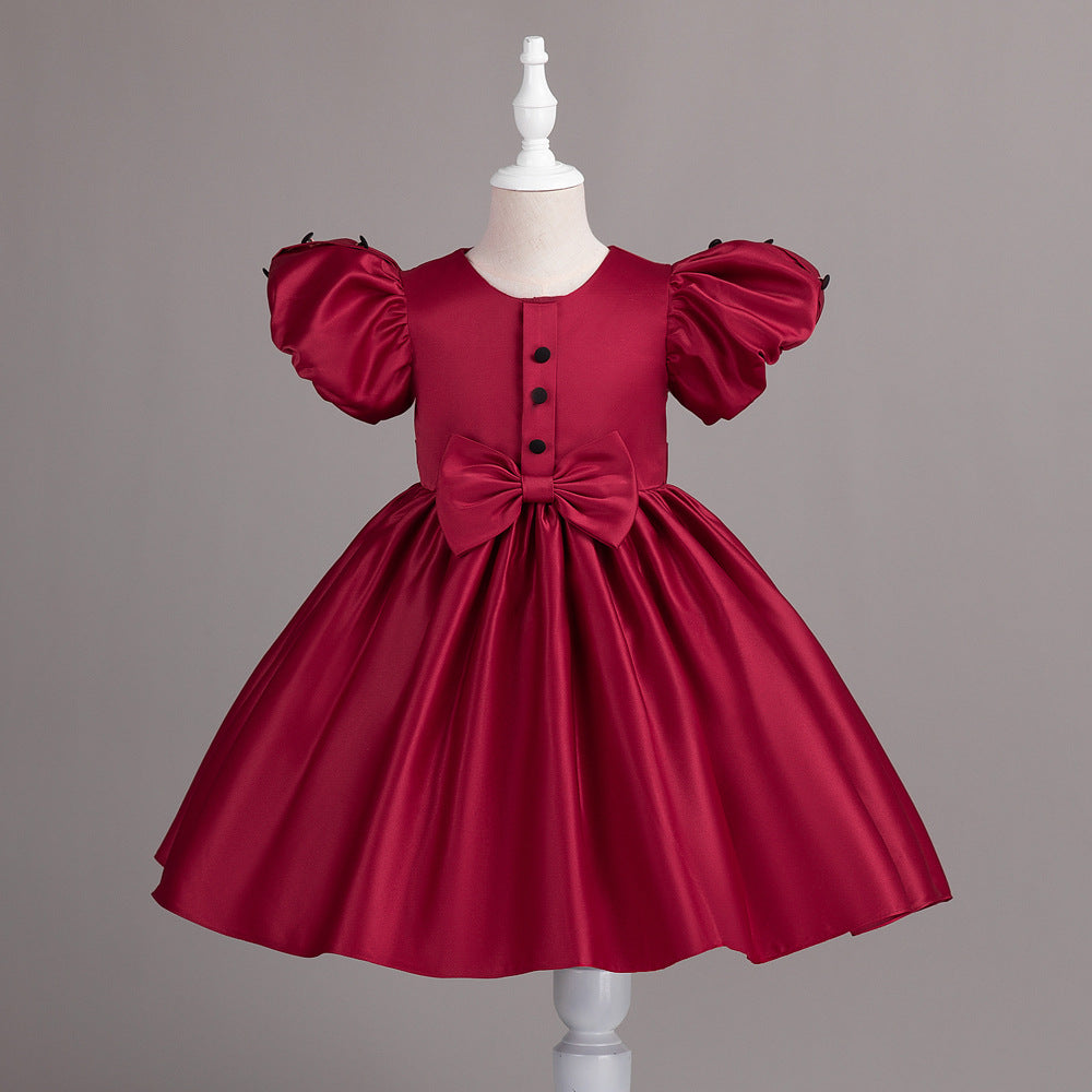 Puff Sleeve Bow Satin Princess Dress