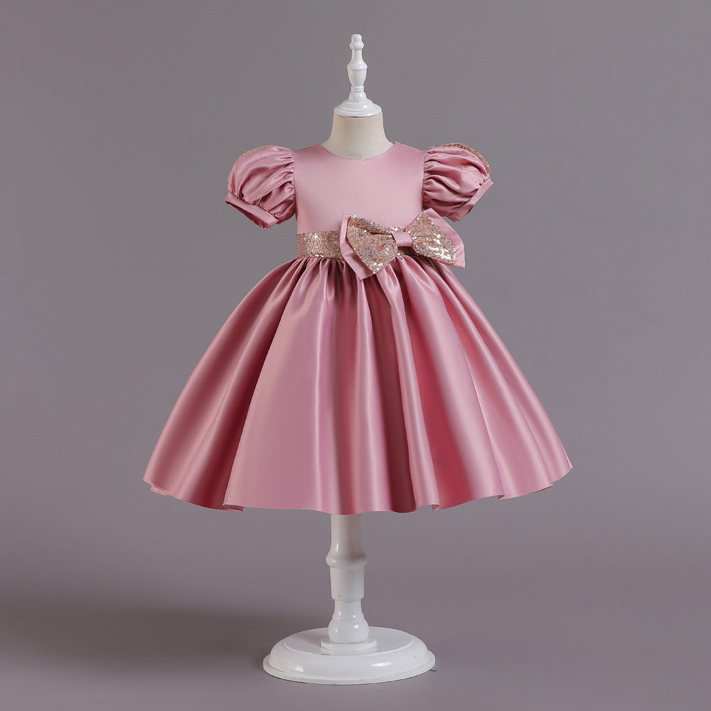 Puff Sleeve Bow Satin Princess Dress