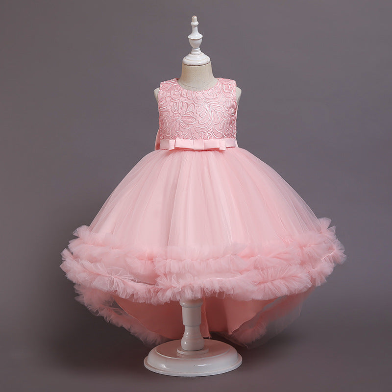 Lace Princess Dress with Train Pompom Skirt