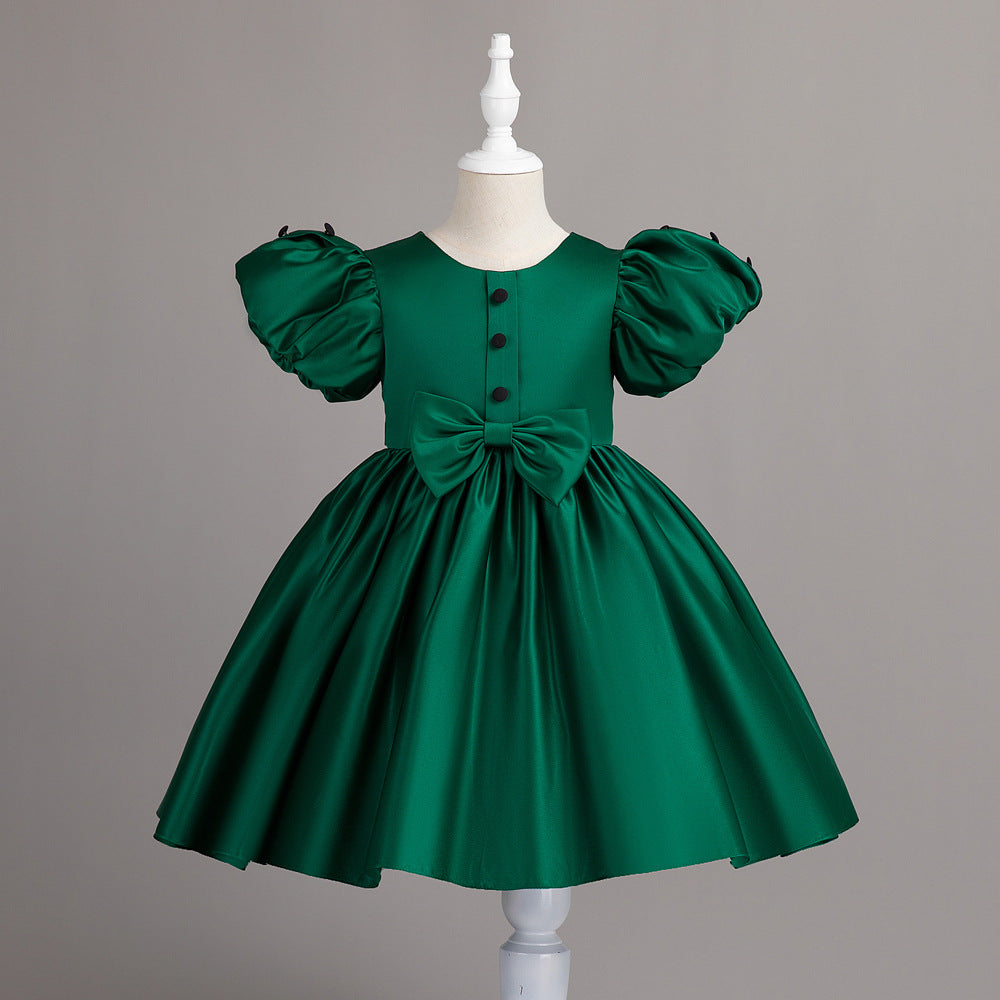 Puff Sleeve Bow Satin Princess Dress