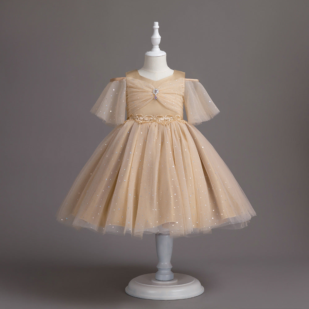 Half Sleeve Princess Pompom Skirt Dress