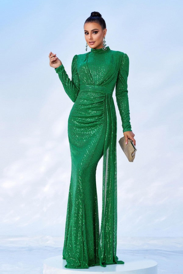 Long Sleeve Elegant Round Neck Sexy Sequined Evening Dress