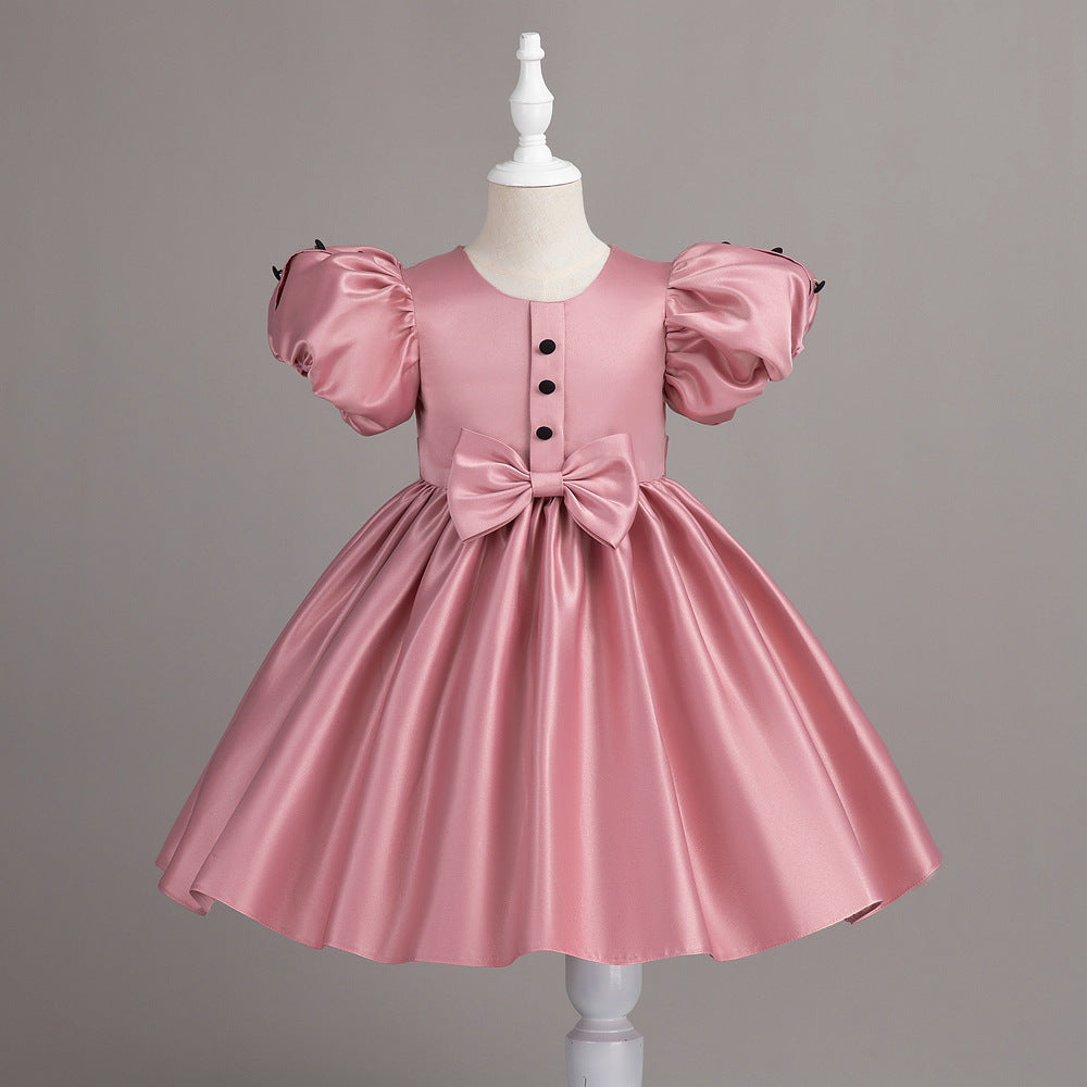 Puff Sleeve Bow Satin Princess Dress