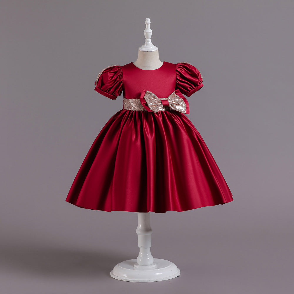 Puff Sleeve Bow Satin Princess Dress