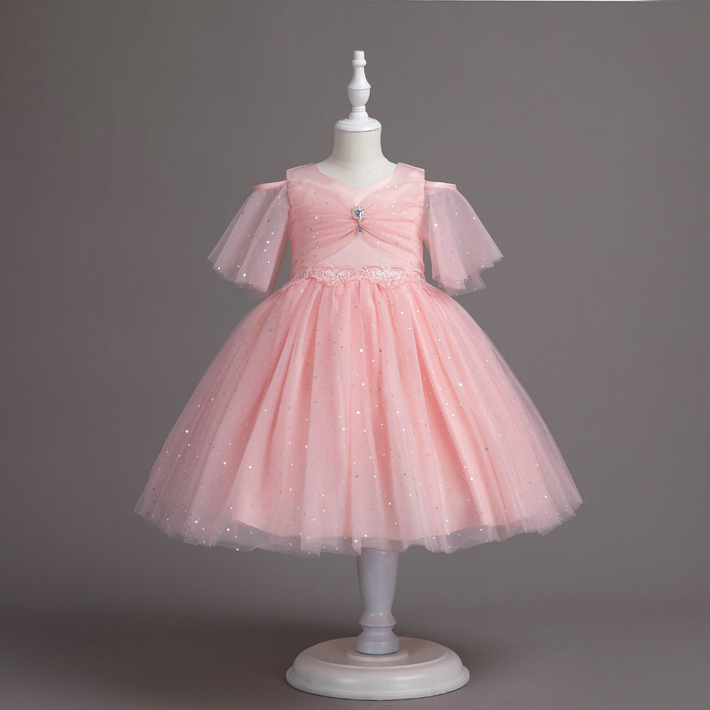 Half Sleeve Princess Pompom Skirt Dress