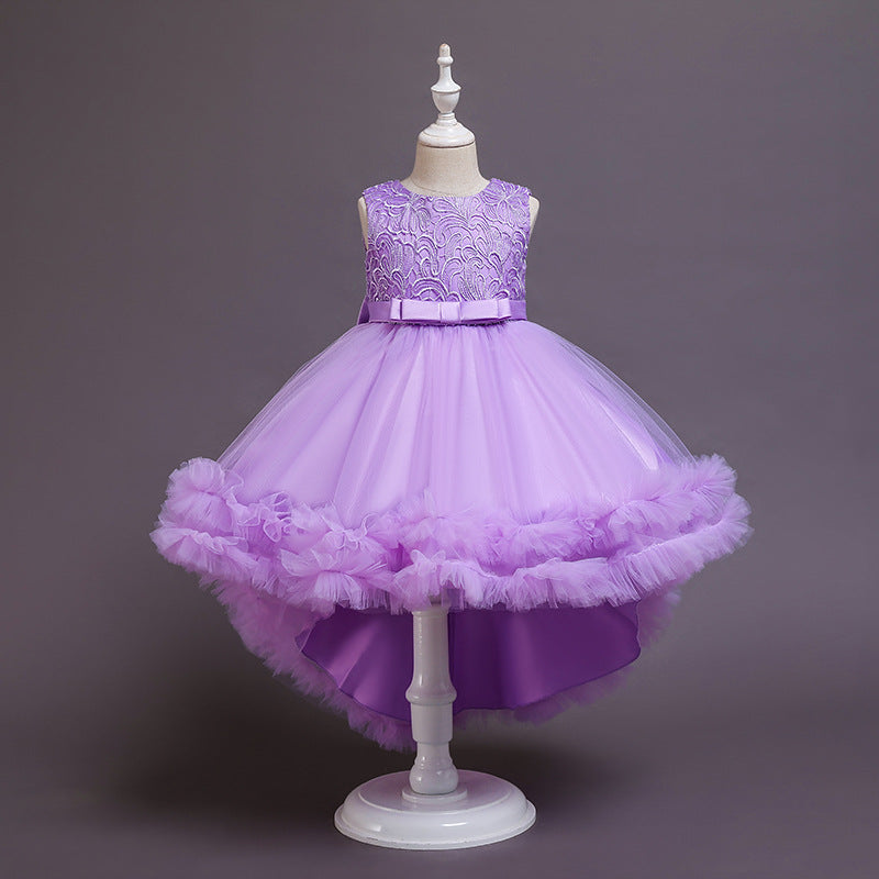 Lace Princess Dress with Train Pompom Skirt