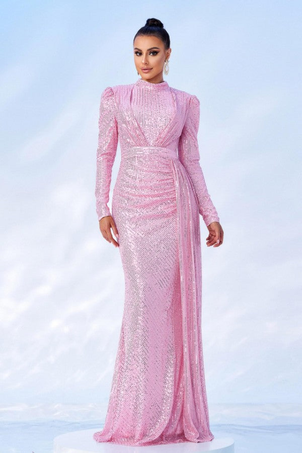 Long Sleeve Elegant Round Neck Sexy Sequined Evening Dress