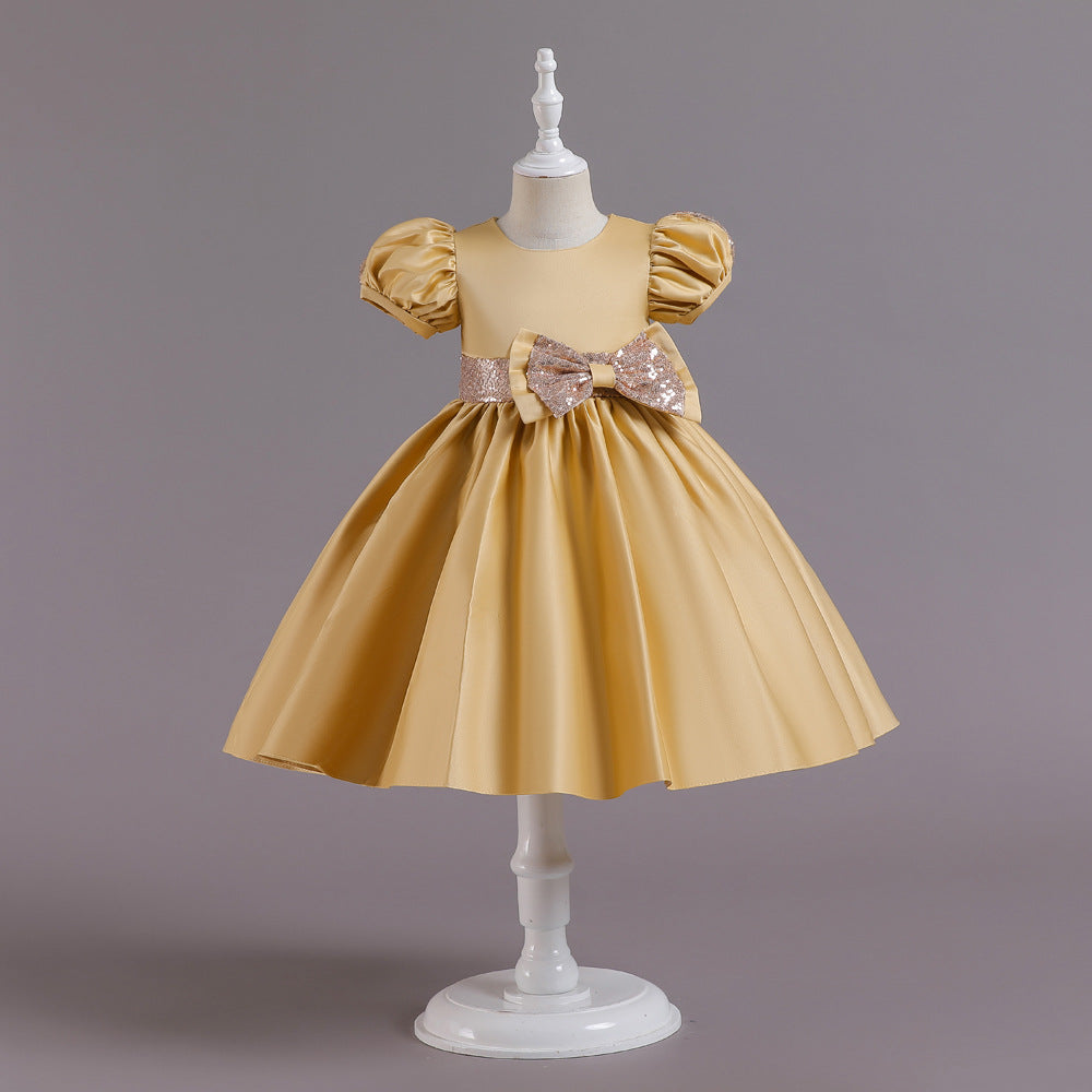 Puff Sleeve Bow Satin Princess Dress