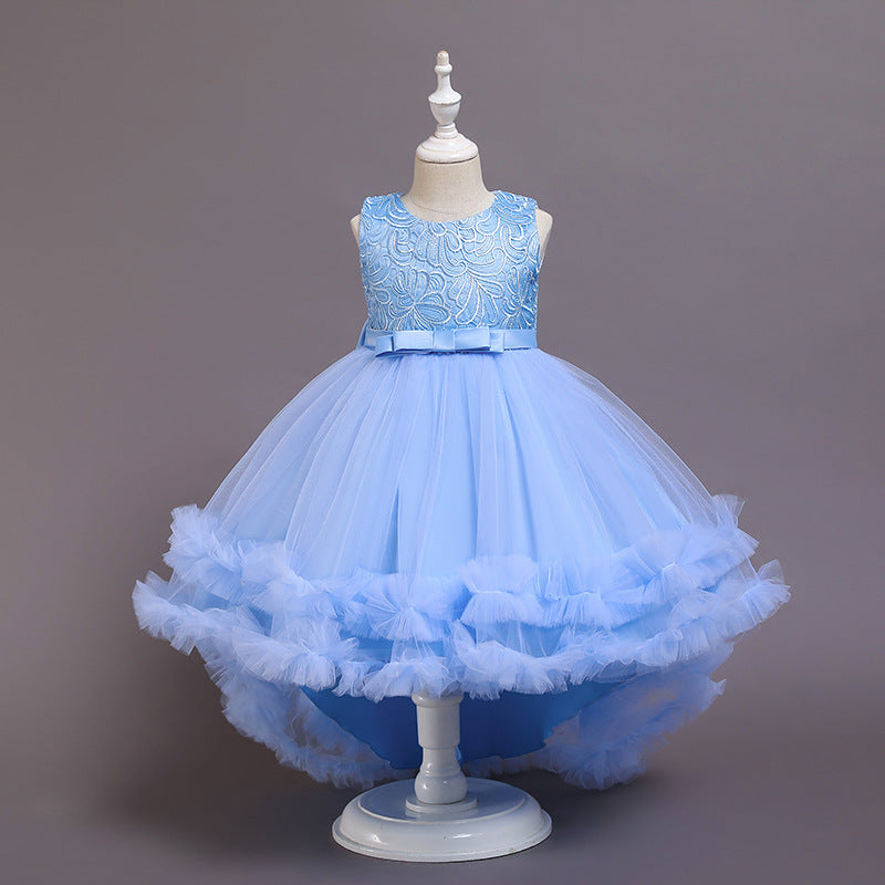 Lace Princess Dress with Train Pompom Skirt