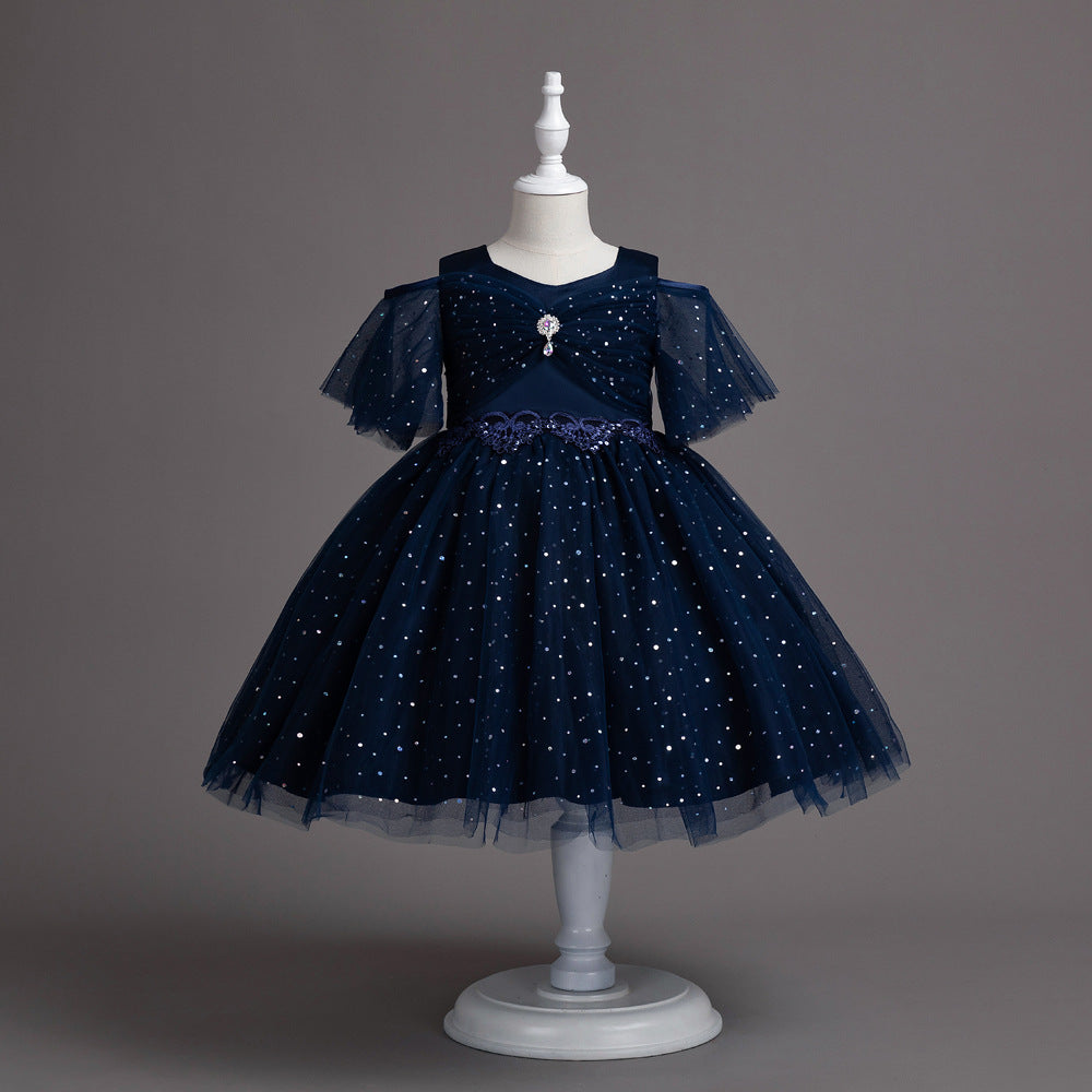 Half Sleeve Princess Pompom Skirt Dress