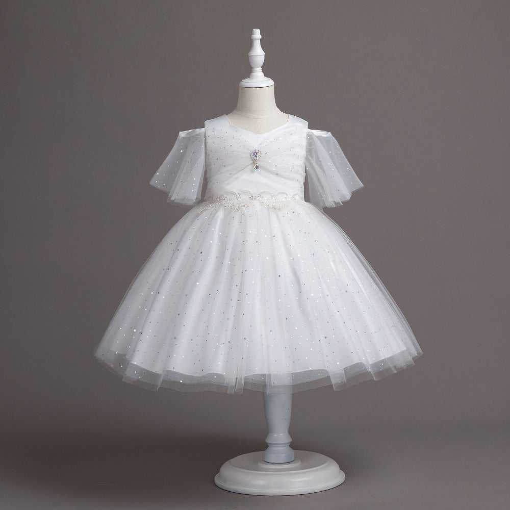 Half Sleeve Princess Pompom Skirt Dress