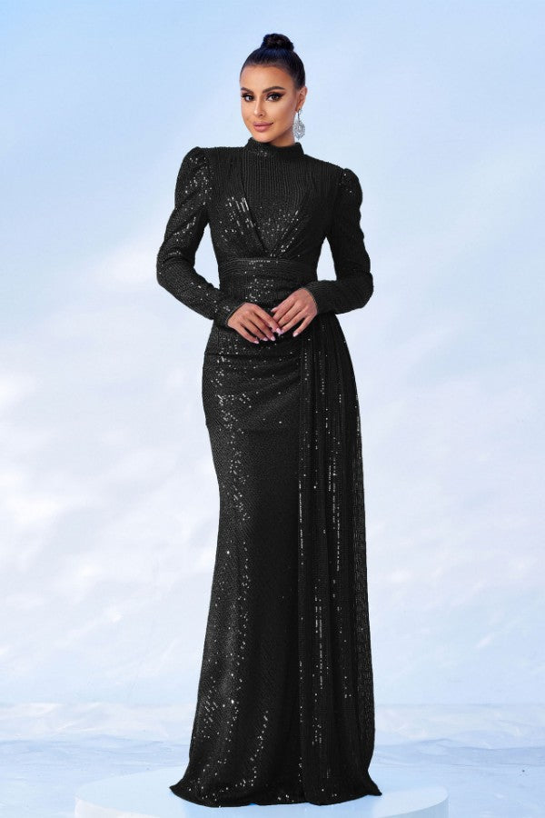 Long Sleeve Elegant Round Neck Sexy Sequined Evening Dress