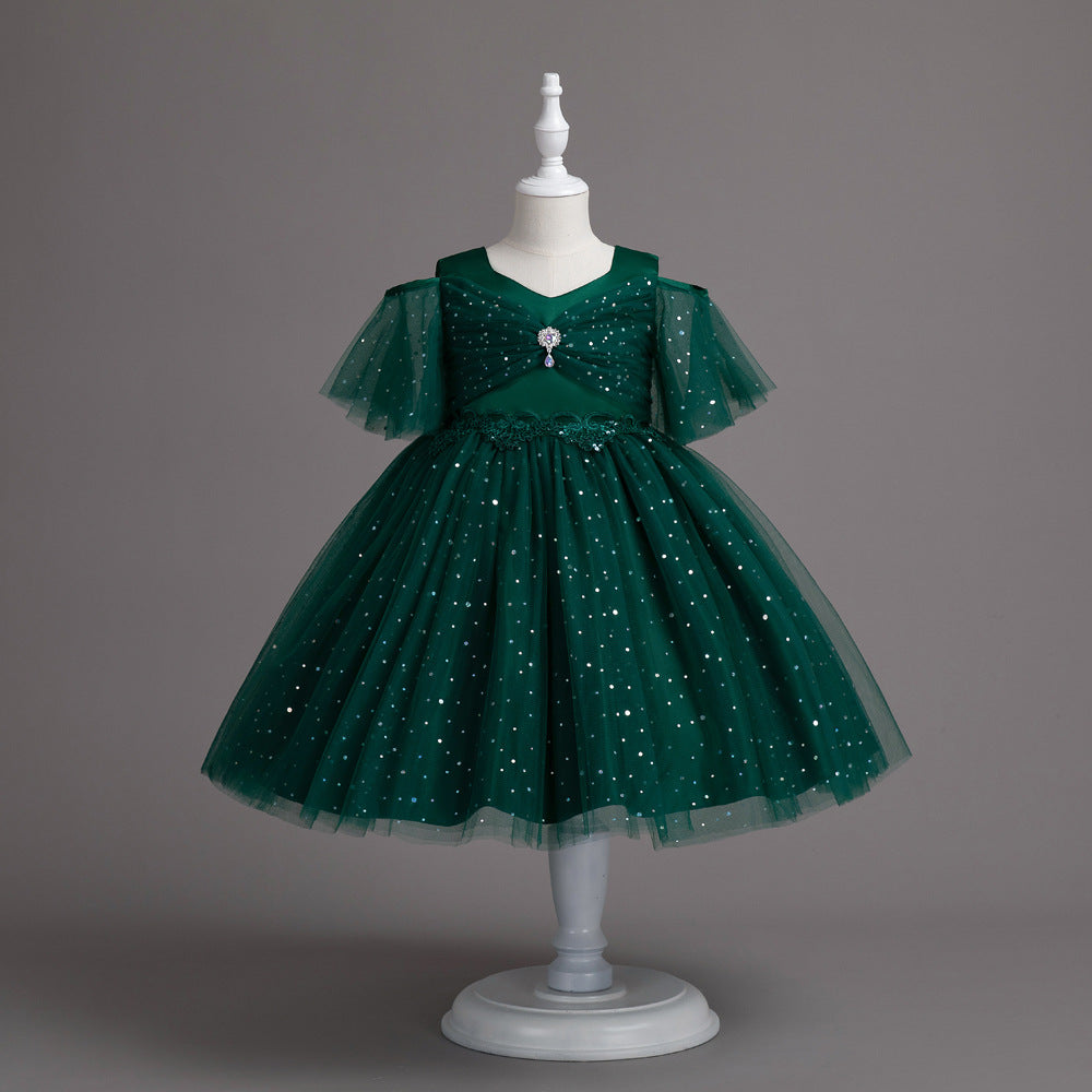 Half Sleeve Princess Pompom Skirt Dress